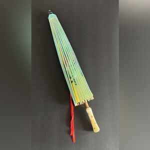 Vintage Oriental Bamboo Parasol - Aqua & Yellow covered in Rice Paper